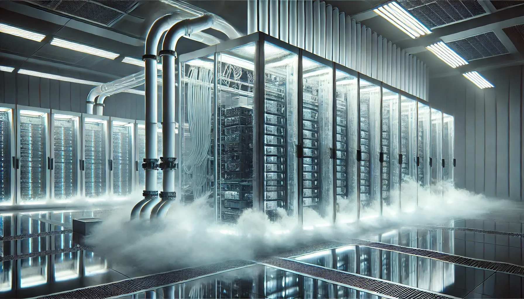 DALL·E 2025-04-21 22.37.32 - A modern data center with artificial lighting, showcasing the concept of water cooling. The scene is minimalistic, with clean lines and a futuristic a.webp
